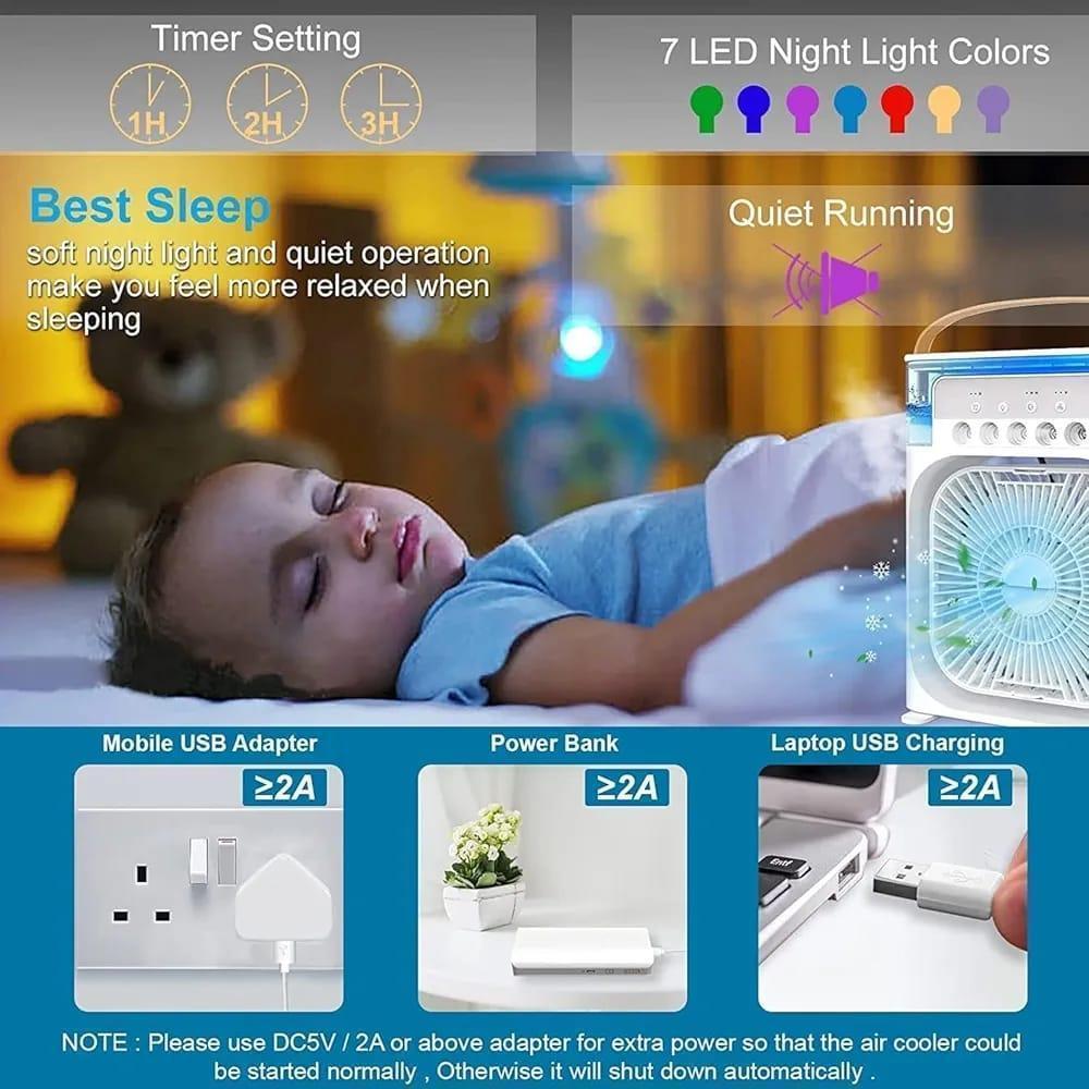Portable Air Conditioner Fan USB Electric Fan with LED Night Light, Fine Mist Water, and Humidifier Function | Led Night Light Water Mist - 10 inch Big Size