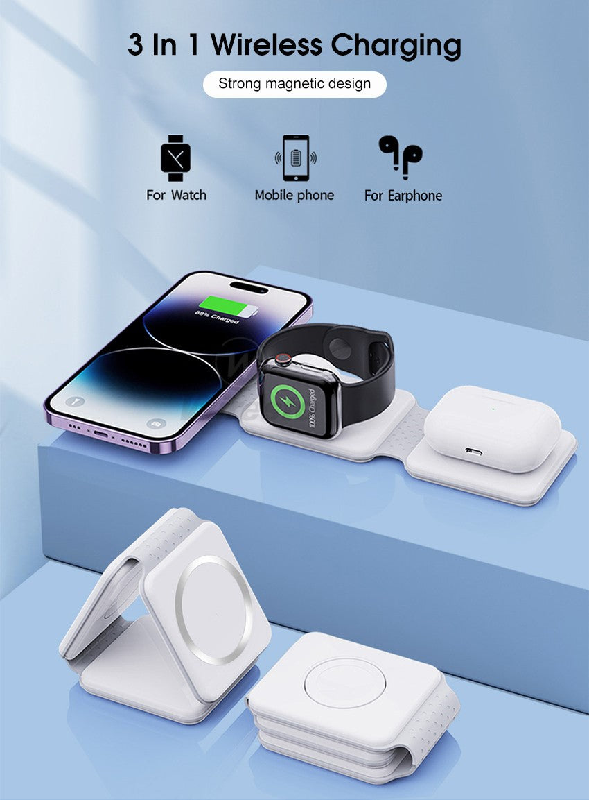 3 in 1 Magnetic Foldable Wireless Charging Station 15W Fast Charger for iPhone, AirPods & Smartwatch